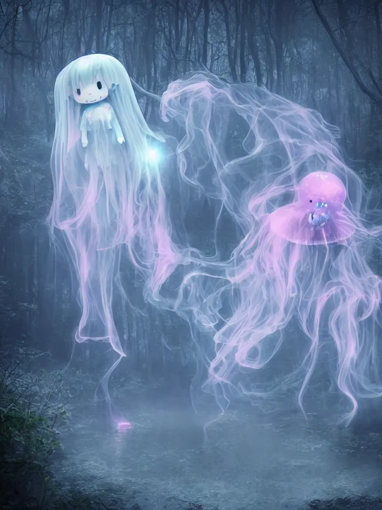 Image similar to cute fumo plush smiling ectoplasmic gothic jellyfish ghost girl waving in deep fog over mysterious waters, anime, reflective river bank in the midst of a forgotten forest, glowing pink wisps of hazy green smoke and eerie blue volumetric fog swirling about, moonlight, glowing lens flare, black and white, refraction, vray