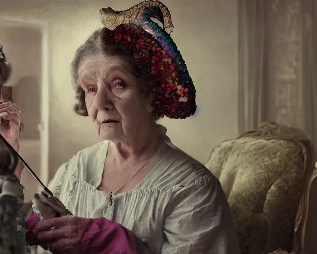 Image similar to an innocent and beautiful scene in hyper realistic style, about an old and lonely woman applying makeup in front of the camera, and modeling a victorian dress. a huge and colorful fish sits on her head.