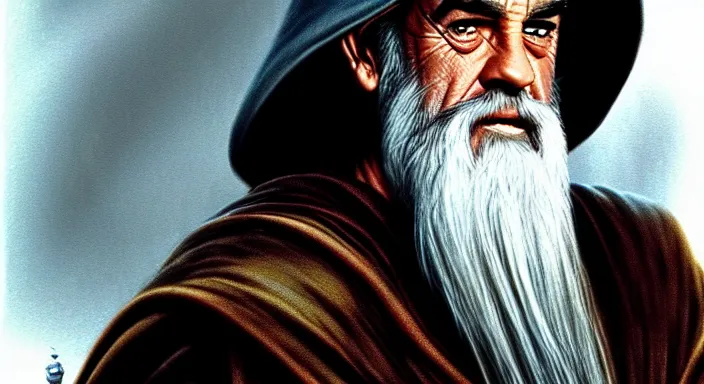 Prompt: sean connery playing gandalf in lord of the rings ( 2 0 0 1 ), award winning character art, by various concept artists, hyperrealistic face, photorealistic render