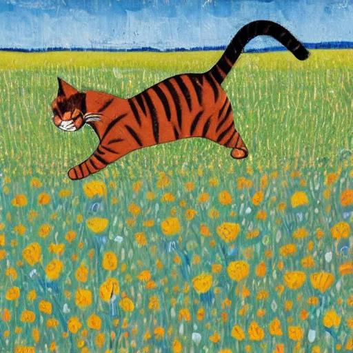 Image similar to cat running in field surrounded by flowers, Folkart Style