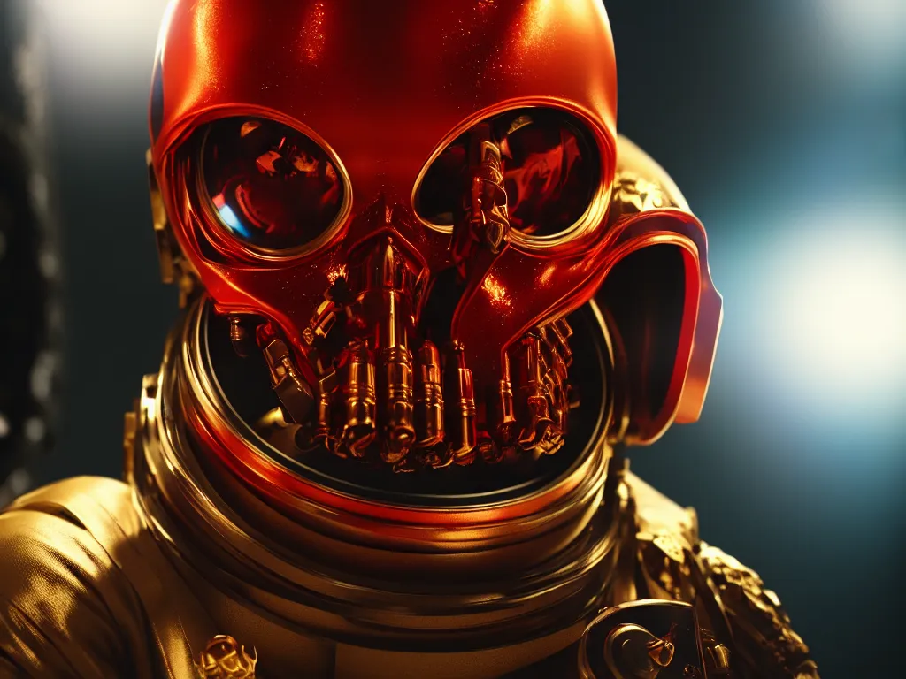 Image similar to ornate red skull in astronaut suit, gold linens, cinematic lighting, dramatic, octane render, long lens, shallow depth of field, bokeh, anamorphic lens flare, 8k, hyper detailed, 35mm film grain