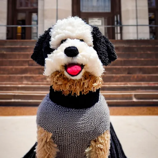 Image similar to a closeup photorealistic photograph of a cute smiling knitted bernedoodle judge dog dressed in a black gown, presiding over the courthouse. indoors, professional capture, well lit shot. this 4 k hd image is trending on artstation, featured on behance, well - rendered, extra crisp, features intricate detail, epic composition and the style of unreal engine.