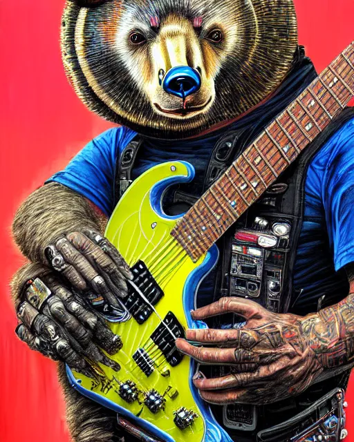 Image similar to a portrait of an anthropomorphic cyberpunk bear shredding an electric guitar by sandra chevrier, by jon foster, detailed render, tape deck, epic composition, cybernetics, 4 k realistic, cryengine, realistic shaded lighting, sharp focus, masterpiece, by enki bilal