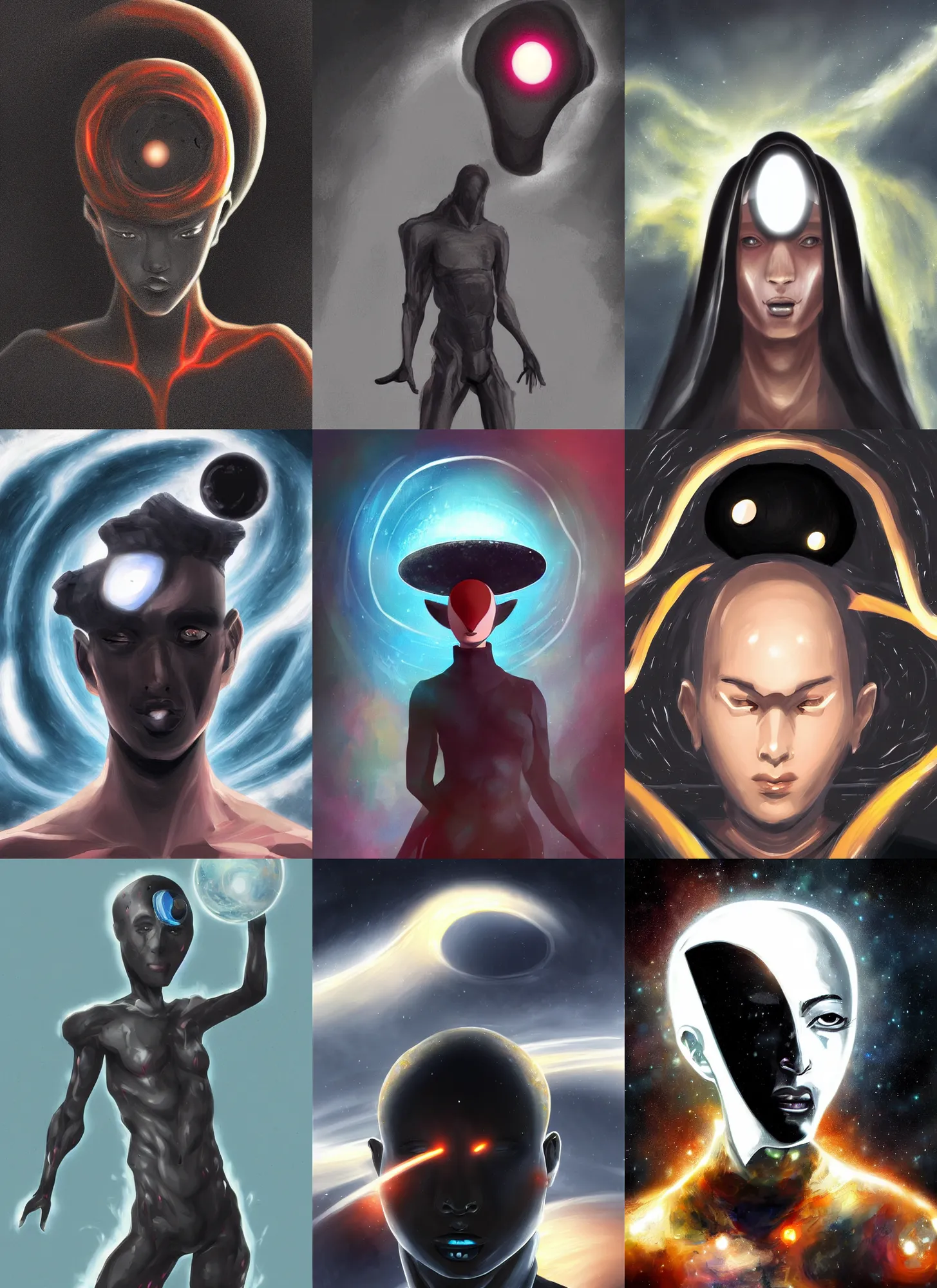 Prompt: a digital painting of a person with a black hole head, concept art by taro yamamoto, trending on pixiv, afrofuturism, official art, apocalypse art, parallax