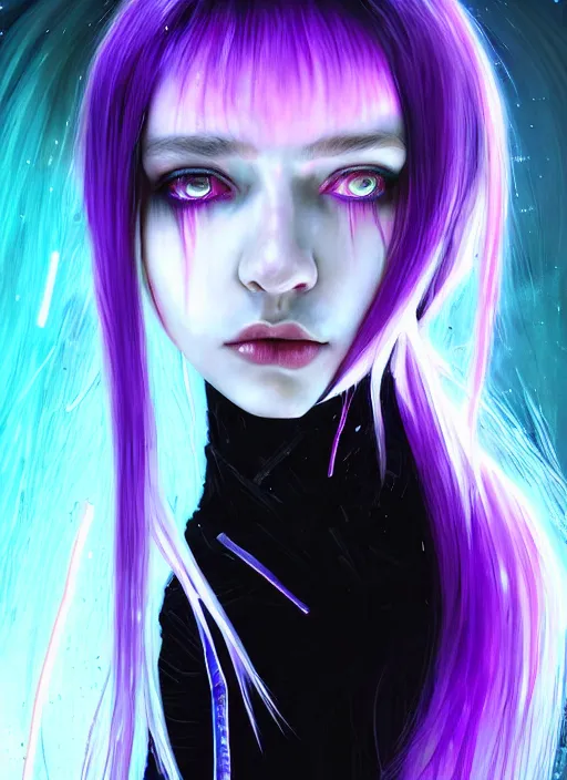 Image similar to hair whitebangs hair, black cyberlox, portrait of teenage girl with white bangs, whitebangsblackhair, messy bangs, cyberlox, whitebangs, red irises, purple clothes, intricate, elegant, glowing lights, highly detailed, digital painting, artstation, concept art, sharp focus, illustration, art by wlop, mars ravelo and greg rutkowski