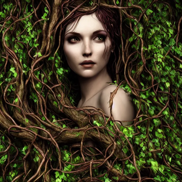Prompt: female dryad standing, entwined by vines and roots, dark forest, surreal, light shining through, hyper - realistic, highly detailed, sharp focus, smooth, intricate, octane render
