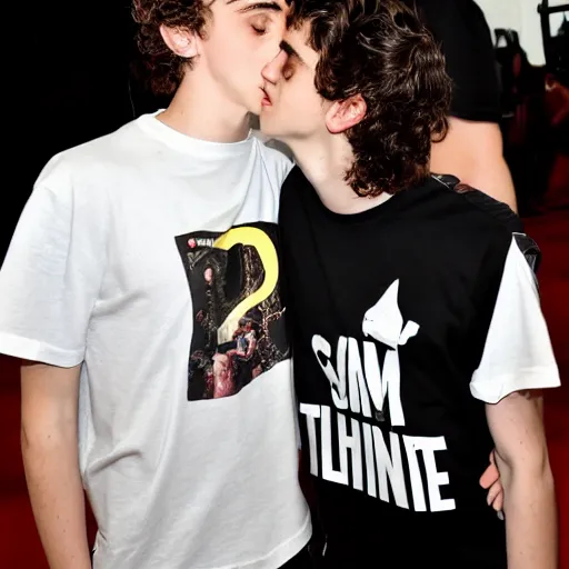 Image similar to timothee chalamet wearing a timothee chalamet tshirt while kissing timothee chalamet