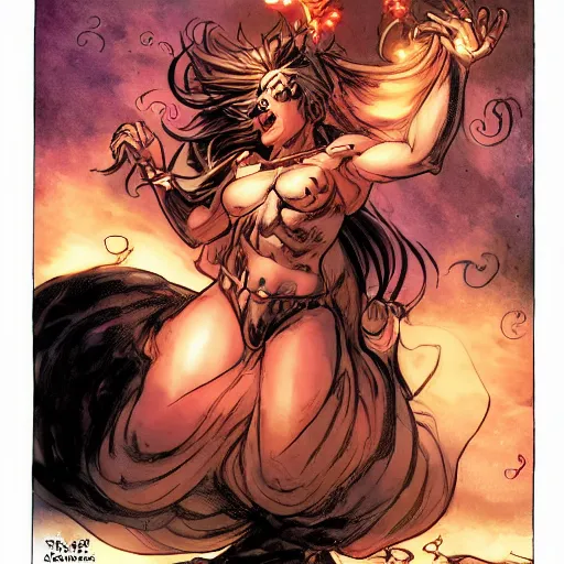 Prompt: a young female brown skinned brown haired genie, with abs, emerging from a lamp, rippling with magic, smiling enthusiastically appearing as a character in volume 6 of Metabarons, drawn by Mobius - masterpiece of evocative linework and expressive colours