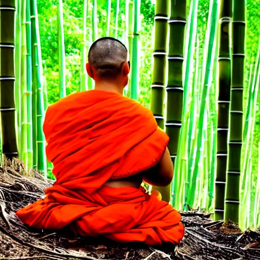 Prompt: a high quality photo of a panda monk, wearing orange clothes, meditating, sitting in front of a temple. bamboo forest in the background.