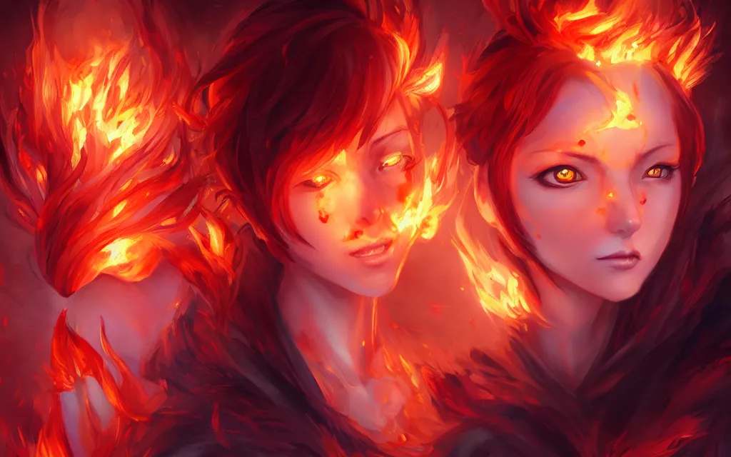 Image similar to A realistic anime portrait of a beautiful fire spirit twins with glowing red eyes and firey skin wearing clothes made of flames, digital painting, by Stanley Artgerm Lau, Sakimichan, WLOP and Rossdraws, digtial painting, trending on ArtStation, SFW version