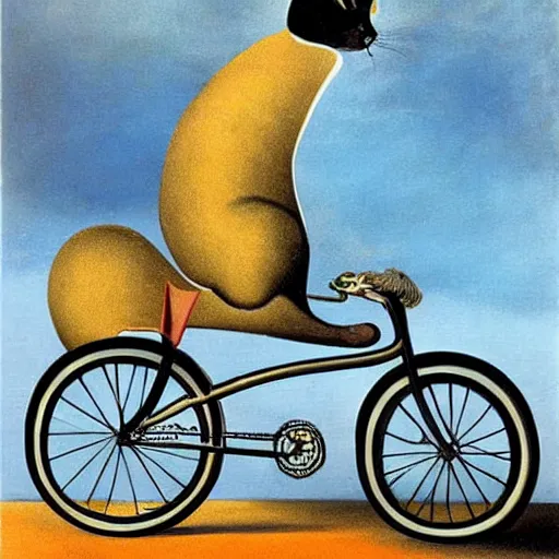 Image similar to a cat riding a bicycle, painting by salvador dali