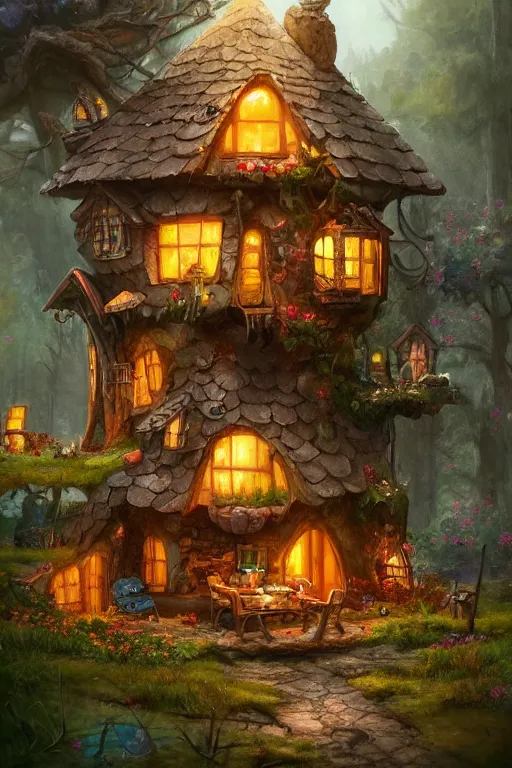 Prompt: A quaint house built into an enormous spotted mushroom with a small garden and a smoking campfire, fantasy oil painting, HD, 4k, 8k, incredibly detailed, intricate, masterpiece, trending on artstation, cgsociety