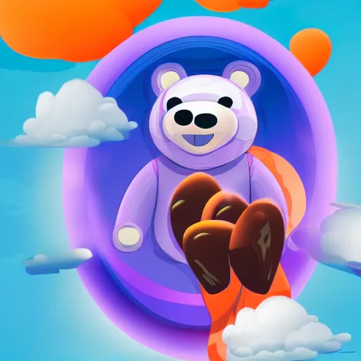 Image similar to cartoon animated bear wearing clothes being launched out of a futuristic machine into a purple and orange cloud land