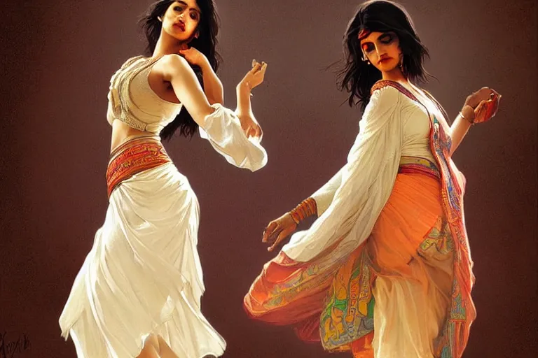 Image similar to Beautiful pale young Indian doctor wearing a skirt dancing in Texas, portrait, elegant, intricate, digital painting, artstation, concept art, smooth, sharp focus, illustration, art by artgerm and greg rutkowski and alphonse mucha