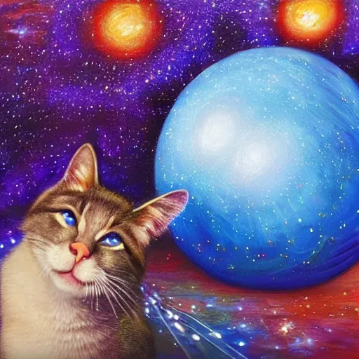 Prompt: A blue cat with sparkling galaxy fur worshipping a massive sphere that is brightly glowing with heavenly light, beautiful lighting, oil painting
