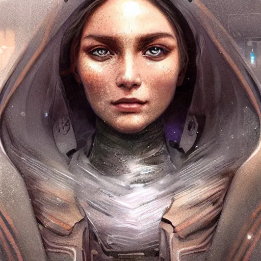 Image similar to A close up futuristic portrait on the street of a Russian sleeping quarters on the moon, Norilsk, sci-fi, fantasy, intricate, very very beautiful, elegant, highly detailed, digital painting, artstation, concept art, smooth, sharp focus, illustration, art by artgerm and greg rutkowski and alphonse mucha