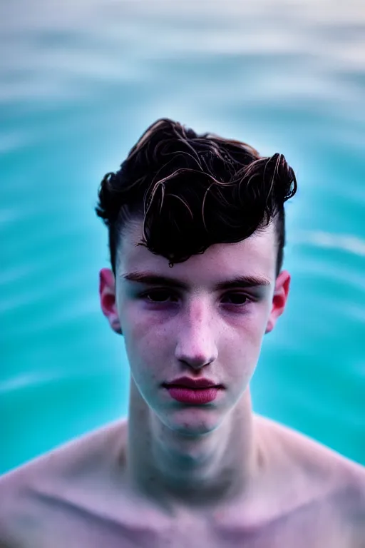 Image similar to high quality pastel coloured film mid angle docu photograph of a beautiful young 2 0 year old male, soft features, short black hair, swimming, submerged in an icelandic black rock pool environment. atmospheric. three point light. photographic. art directed. ( pastel colours ). volumetric light. clearcoat. waves glitch. 8 k. filmic.