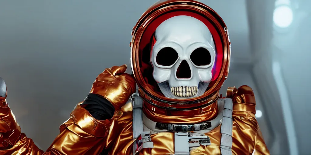 Image similar to ornate red skull in astronaut suit, gold linens, cinematic lighting, dramatic, octane render, long lens, shallow depth of field, bokeh, anamorphic lens flare, 8k, hyper detailed