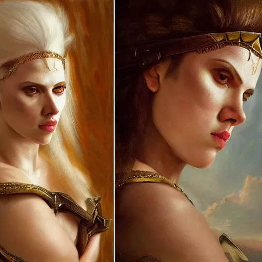 Image similar to the portrait of scarlett johansson as amazon in intricate dress by roberto ferri, fantasy, witcher, very detailed oil painting, masterpiece, 8 k