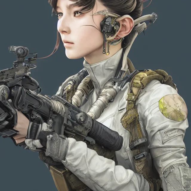 Prompt: the portrait of lawful neutral female futuristic infantry sniper as absurdly beautiful, gorgeous, elegant, young gravure idol, an ultrafine hyperdetailed illustration by kim jung gi, irakli nadar, intricate linework, bright colors, octopath traveler, final fantasy, unreal engine 5 highly rendered, global illumination, radiant light, detailed and intricate environment