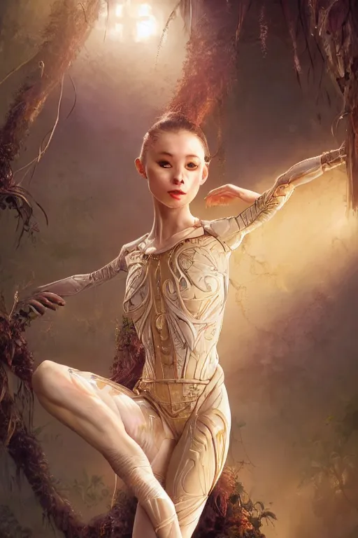 Image similar to stunningly beautiful, cybernetic prima ballerina in jungle, symmetrical face, golden hour, smooth, focus, highly detailed, hyper realistic, dramatic lighting, elegant, intricate, concept art, art by wlop, mars ravelo, greg rutowski, artstation