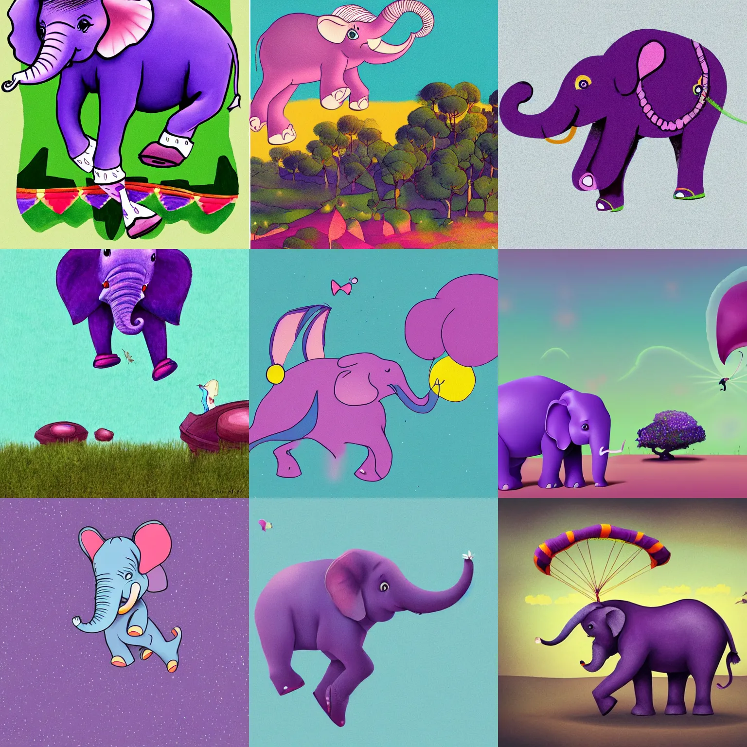 Prompt: <illustration style=surreal>a purple elephant flying in the air like dumbo</illustration>