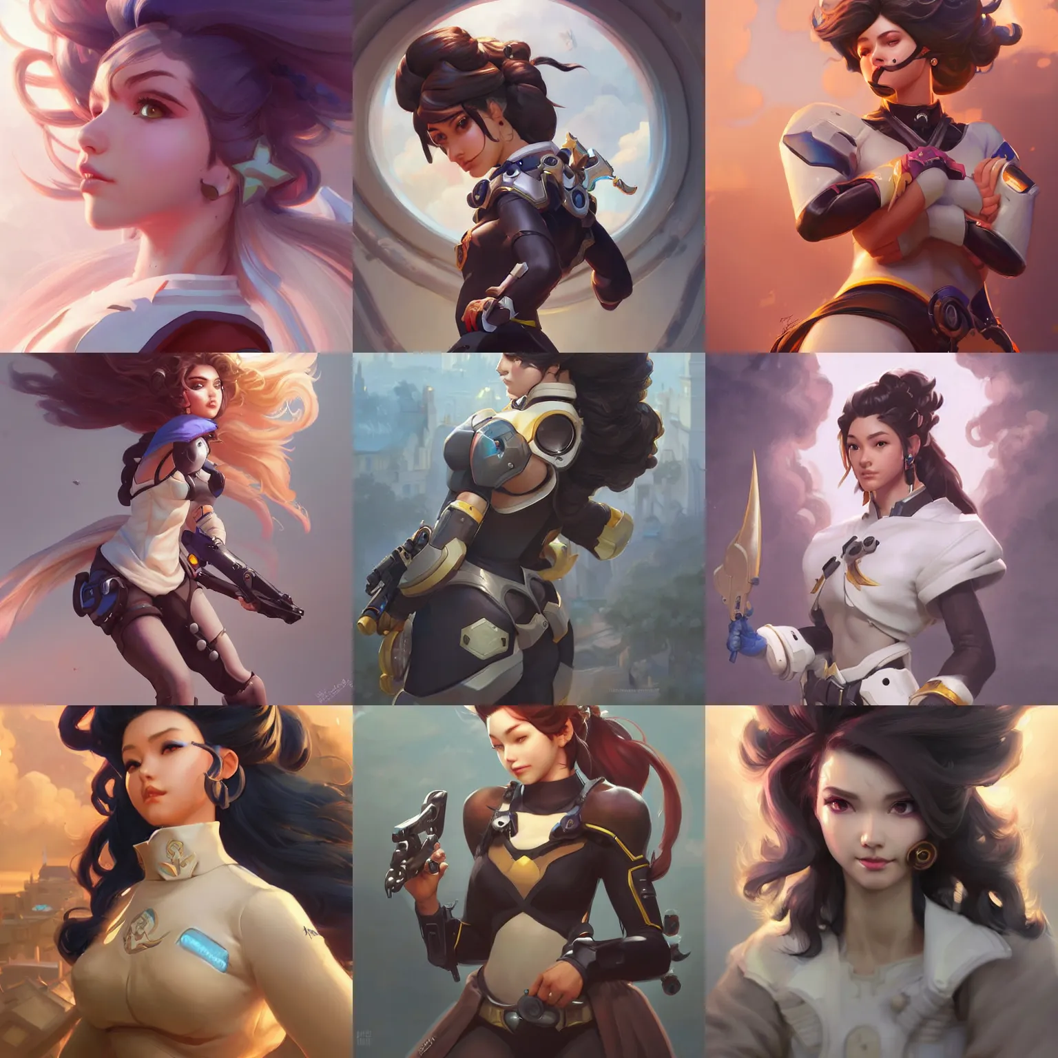 Prompt: overwatch girl with big hair, highly detailed, digital painting, artstation, concept art, smooth, sharp focus, illustration, ArtStation, art by artgerm and greg rutkowski and Hikari Shimoda and Edmund Blair Leighton and Charlie Bowater