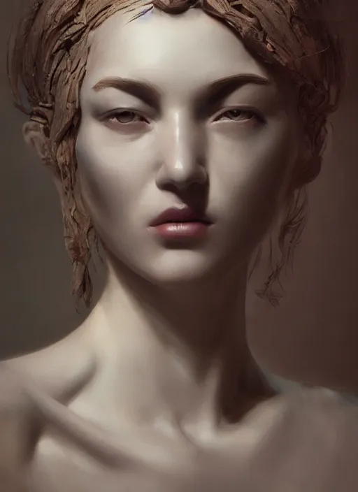 Image similar to sculpture made of wood, portrait, female, future, harper's bazaar, vogue, magazine, intricate, concept art, close up, ornate, luxury, elite, elegant, trending on artstation, by ruan jia, by Kenneth Willardt, by ross tran, by WLOP, by Andrei Riabovitchev,