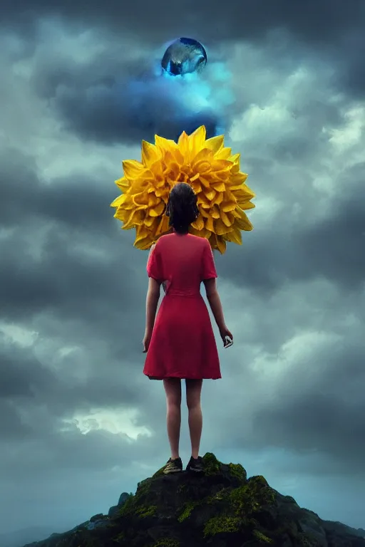 Image similar to closeup girl with large yellow dahlia flower face, standing on mountain, surreal photography, blue storm clouds, dramatic light, impressionist painting, digital painting, artstation, simon stalenhag