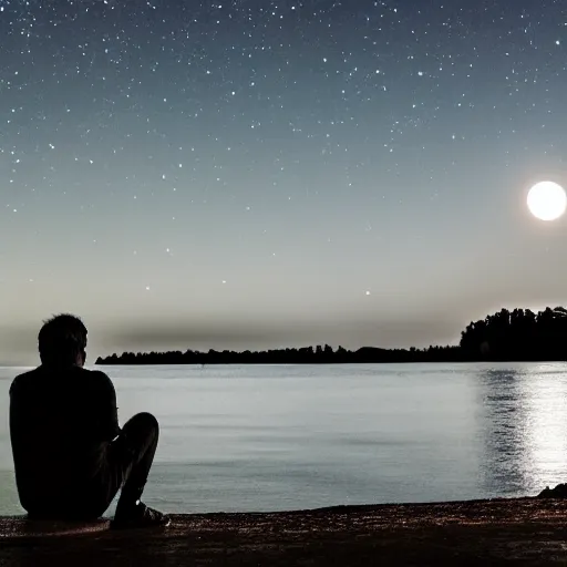 Image similar to a man siting in front of water looking at the moon light in the night