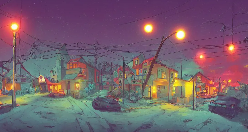 Prompt: a quaint suburban street at night with maschinen krieger, warm saturated colors, inspired by art of simon stalenhag