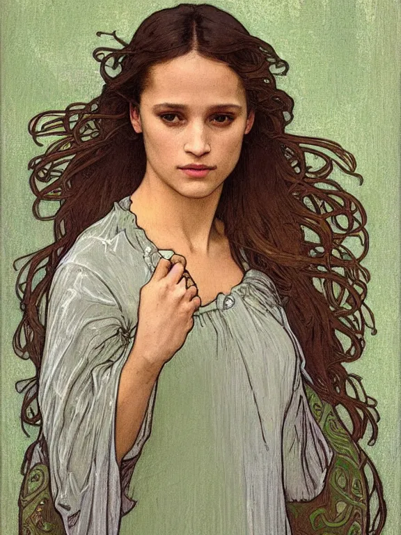 Image similar to an art nouveau mucha poster style head and shoulders portrait oil painting of a pretty young alicia jessica vikander alba wearing an oversize grey - green t - shirt, intricate, detailed, smooth, complex, elaborate, by alphonse mucha and james gurney and john william waterhouse and bouguereau