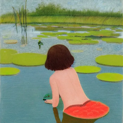 Image similar to Mixed media art. a young girl is sitting on the edge of a pond, with her feet in the water. She is looking at a frog that is sitting on a lily pad in the pond. colored pencil art by Horace Pippin jaunty