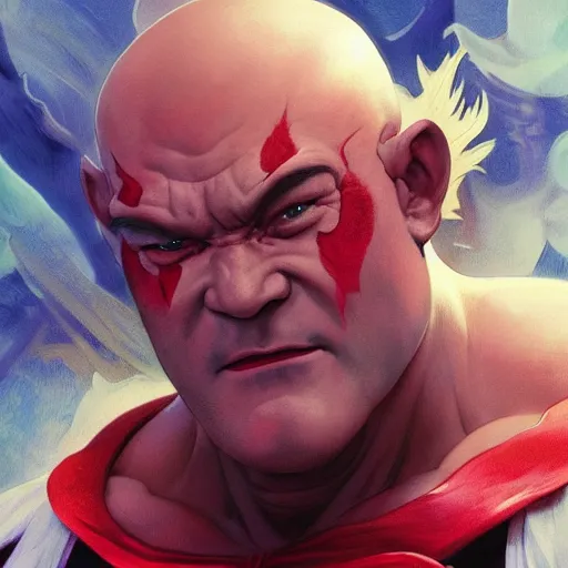 Image similar to david koechner as akuma street fighter, portrait, 4 k, ultra realistic, detailed focused art by artgerm and greg rutkowski and alphonse mucha