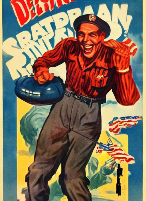 Prompt: creepy Tank Dempsey with a scary comically large smile, 1940s scare tactic propaganda art