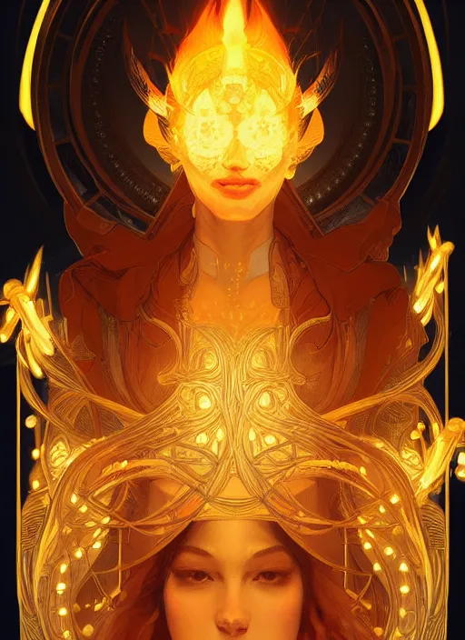 Image similar to symmetry!! portrait of fire, glowing lights!! intricate elegant, highly detailed, digital painting, artstation, concept art, smooth, sharp focus, illustration, art by artgerm and greg rutkowski and alphonse mucha