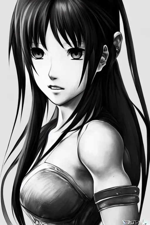 Image similar to highly detailed manga line art portrait of tifa from Final Fantasy, very detailed, realistic, by Stanley Artgerm Lau, greg rutkowski, thomas kindkade, alphonse mucha, loish, norman rockwell J.