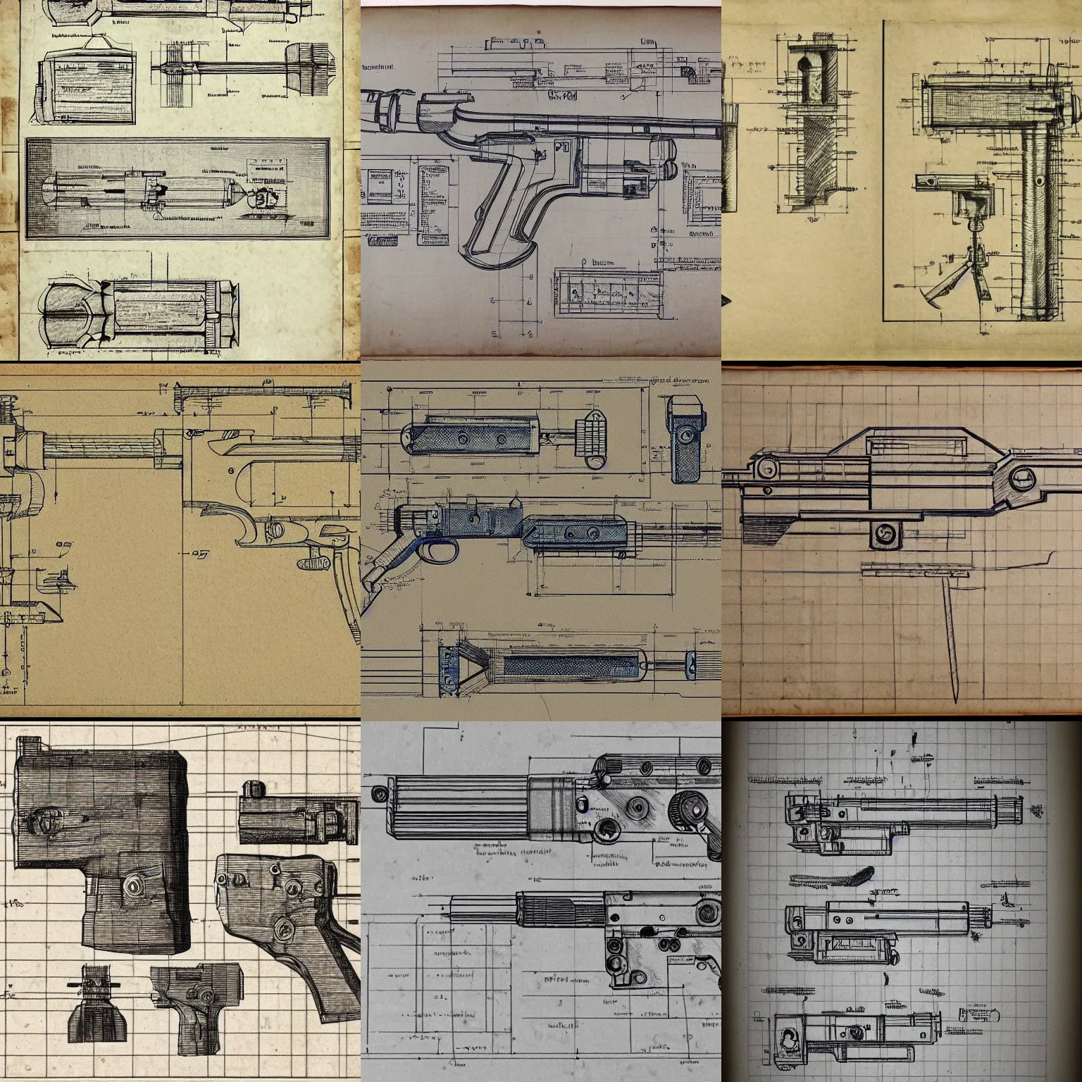 Prompt: blueprint drawings for a plasma gun, rugged pages, year 1700 style, davinci