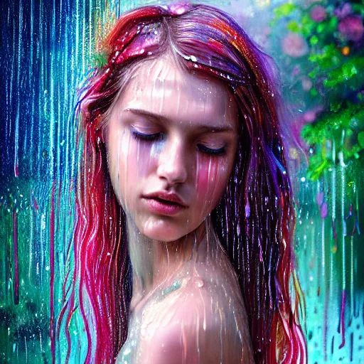 Image similar to portrait of a girl in the colorful rain with wet hair and face, fantasy, intricate, elegant, dramatic lighting, emotionally evoking symbolic metaphor, highly detailed, lifelike, photorealistic, digital painting, artstation, concept art, smooth, sharp focus, illustration, art by John Collier and Albert Aublet and Krenz Cushart and Artem Demura and Alphonse Mucha