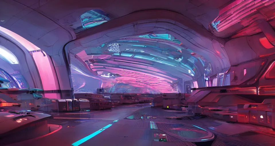 Prompt: a bulbous zaha hadid space-station city street interior with neon lights and signs inspired by a nuclear reactor submarine and maschinen krieger, ilm, beeple, star citizen halo, mass effect, 2001 space odyssey, elysium, iron smelting pits, warm saturated colours, atmospheric perspective, dramatic sunset