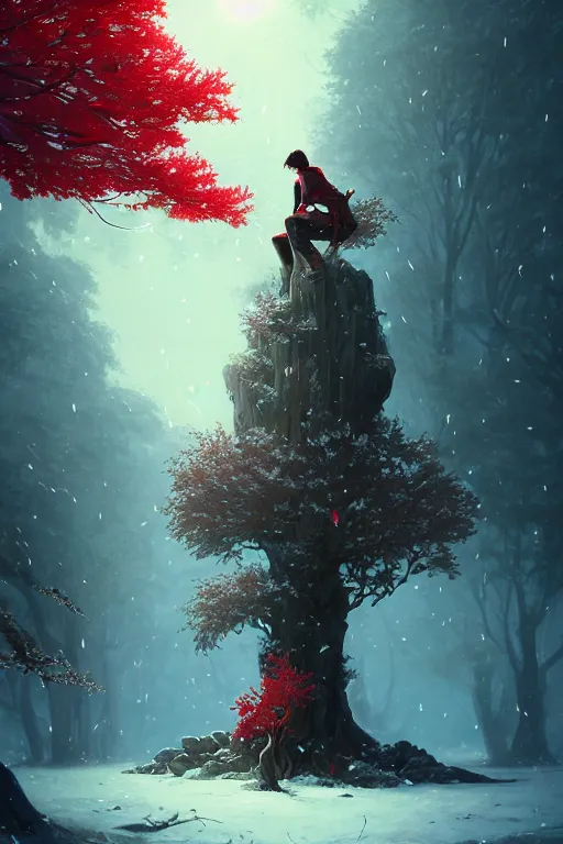 Image similar to giant tree in snow with red flowers, leaves falling, warrior sitting under the tree, unreal engine, fantasy art by greg rutkowski, loish, rhads, ferdinand knab, makoto shinkai and lois van baarle, ilya kuvshinov, rossdraws, tom bagshaw, global illumination, radiant light, detailed and intricate environment