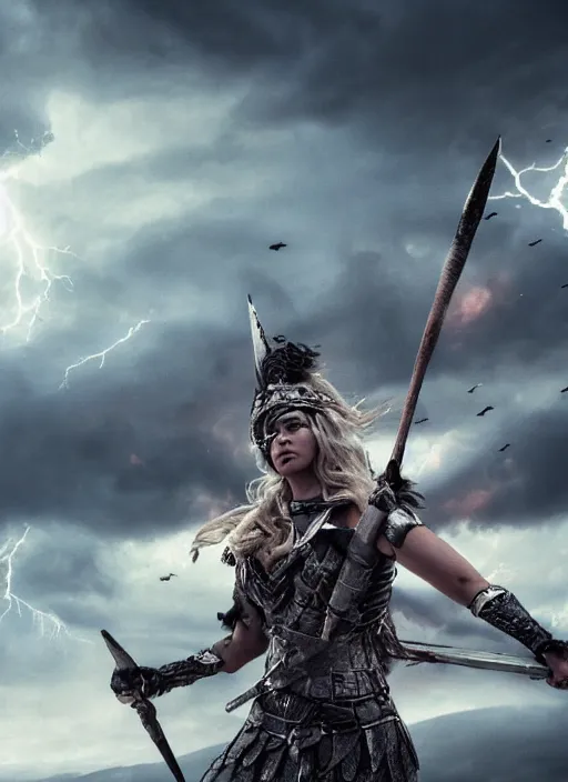 Image similar to angry valkyrie woman warrior in the aftermath battlefield, detailed scenic view, intricate details, hyper realistic, dramatic lightning, 8k resolution, cinematic composition, trending on artstation