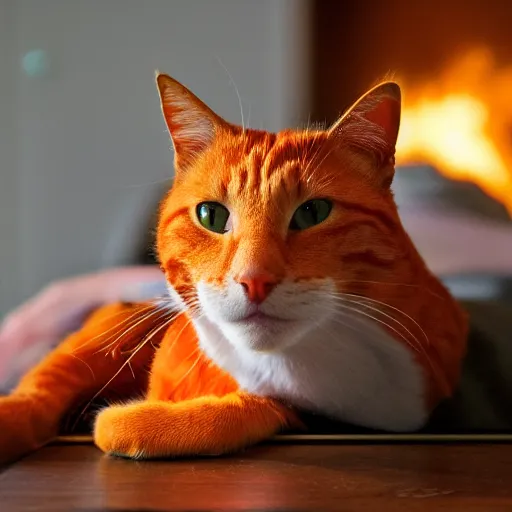 Image similar to an orange cat staring in a table drawer ~ on fire ~ fire ~ high - resolution photo ~