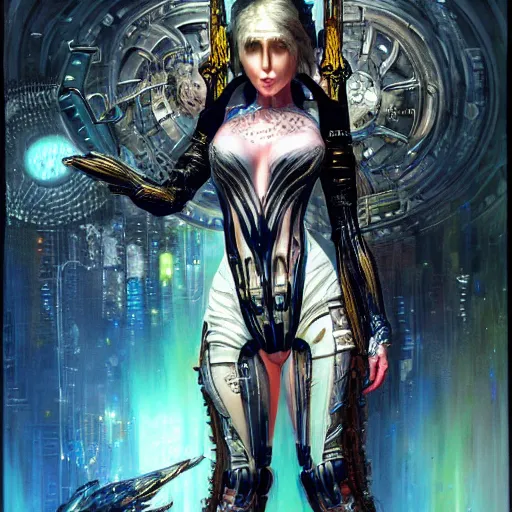 Prompt: a full body beautiful woman wearing a cyberpunk outfit by karol bak, ayami kojima, artgerm, sakimichan, hr giger, blue eyes, weapons, electronics, high tech, concept art, fantasy