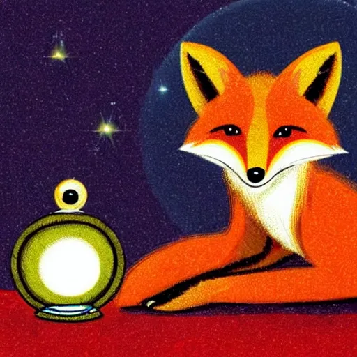 Image similar to anthropomorphous fox wearing gypsy clothing, looking into a magical crystal ball