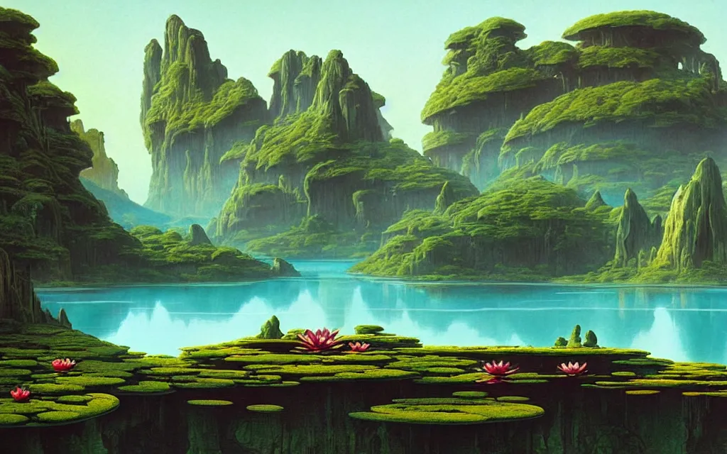 Prompt: a beautiful highly detailed matte painting of an alien planet with giant lotus with a lake surrounded by a canyon and rocks. by roger dean concept art