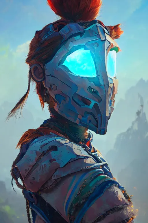 Image similar to combination suit armor aloy horizon forbidden west horizon zero dawn radiating a glowing aura global illumination ray tracing hdr fanart arstation by ian pesty and alena aenami artworks in 4 k tribal robot ninja mask helmet backpack