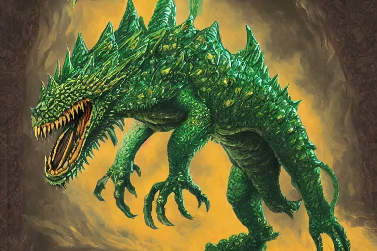 Image similar to a giant monster epic royal stone basilisk, gold green creature, magic : the gathering