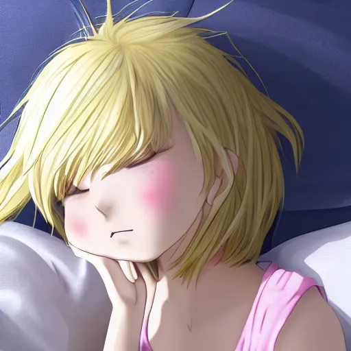Prompt: cute young anime kawaii girl blonde hair sleeping on bed early morning full HD 4K highest quality realistic beautiful gorgeous natural