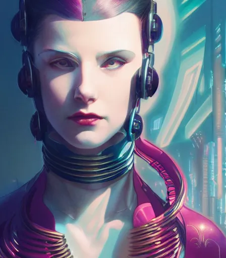 Image similar to portrait of a cyberpunk art deco woman who looks like Nezuko sci-fi, fantasy, intricate, elegant, highly detailed, digital painting, artstation, smooth, sharp focus, illustration, art by artgerm and greg rutkowski and alphonse mucha